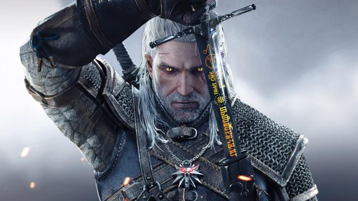 Un primo piano di Geralt di Rivia dai videogame di The Witcher