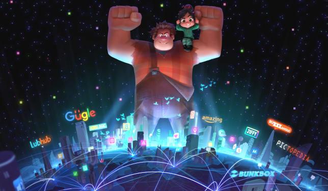 Un Ralph trionfante con il World Wide Web ai suoi piedi mentre Vanellope siede sulla sua spalla