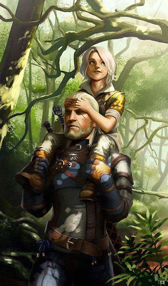 Geralt e Ciri Lo strigo Geralt e la piccola Ciri nel bosco di Brokilon