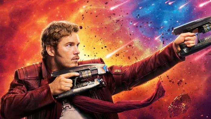 Un primo piano di Chris Pratt nei panni di Star-Lord in un poster di Guardiani della Galassia Vol. 2