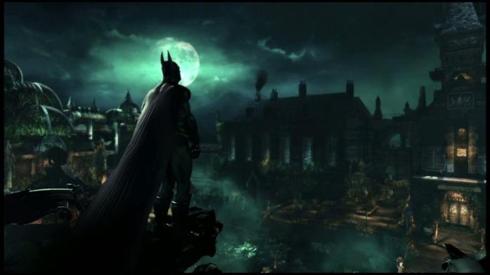 Batman che osserva l'Arkham Asylum nell'omonimo videogame L'Arkham Asylum mostrato nell'omonimo videogame