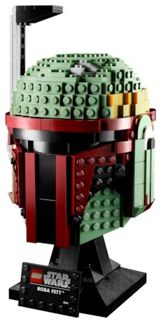 Un primissimo piano del casco LEGO di Boba Fett