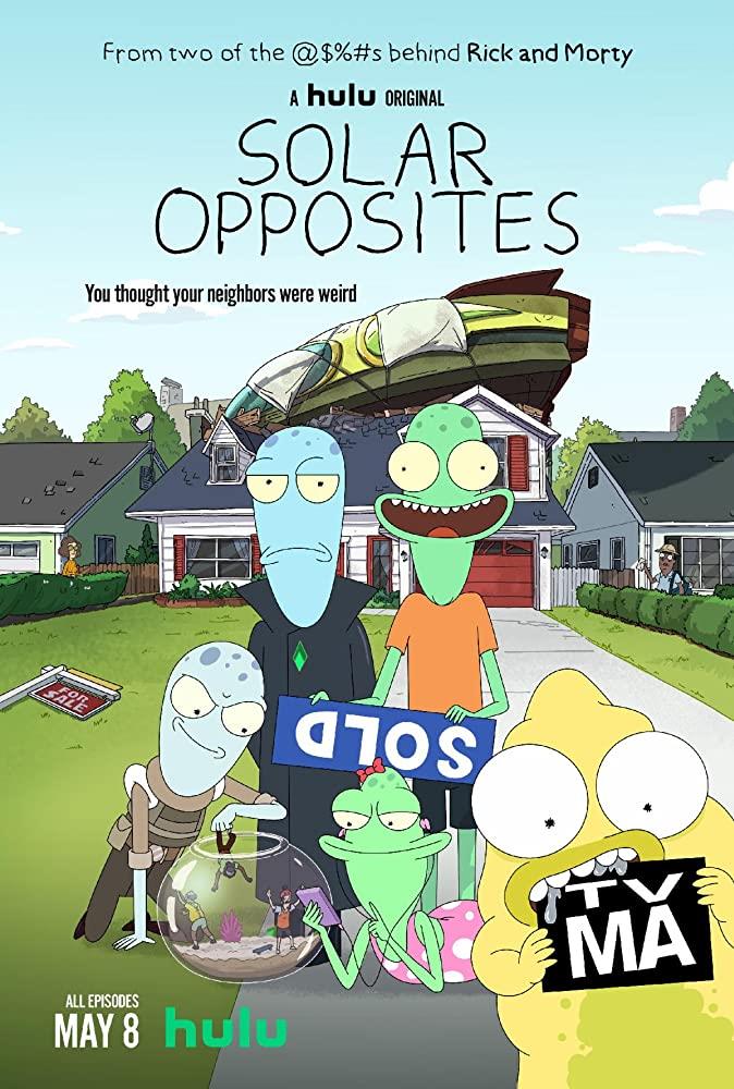 Solar Opposites, il poster dello show animato I quattro alieni di Solar Opposites davanti la loro casa sulla Terra