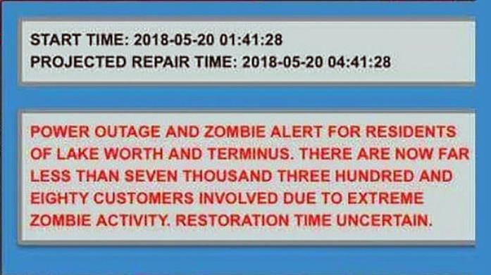 Messaggio di allerta Zombie in Florida Messaggio di una compagnia elettrica in Florida che annuncia un'attività Zombie