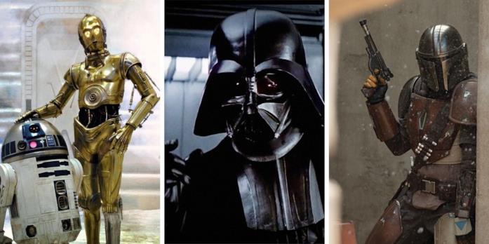 Da sinistra: i droidi R2-D2 e C-3PO, Darth Vader e il mandaloriano