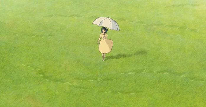 Nahoko nel sogno di Jiro Nahoko cammina con un ombrello per ripararsi dal sole in una distesa erbosa nel sogno di Jiro