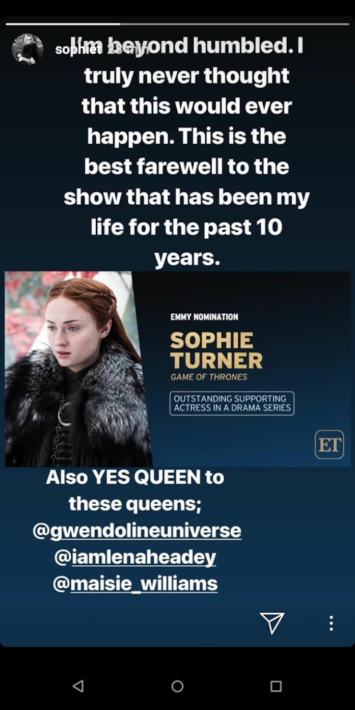 Sophie Turner commenta la nomination agli Emmy Awards Sophie Turner è stata nominata agli Emmy