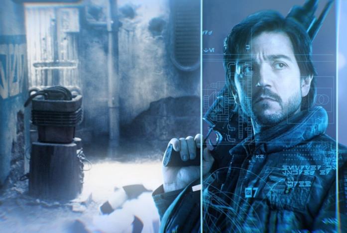 Cassian Andor su sfondo blu trasparente che impugna un'arma