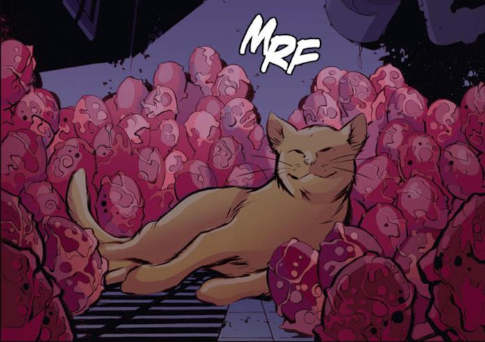 Chewie, il migliore amico di Carol Danvers Illustrazioni del gatto Chewie in una tavola Marvel Comics