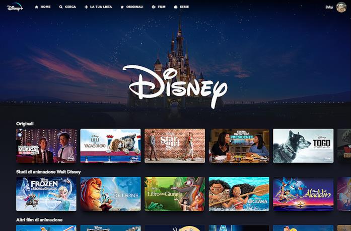 La pagina principale di DIsney+ La lista di alcuni film, show e documentari disponibili su Disney+