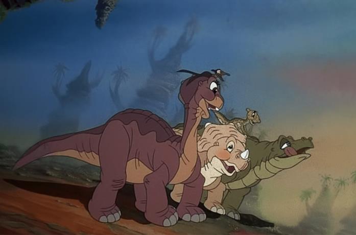 I cinque cuccioli di dinosauri protagonisti del film Una scena de Alla ricerca della Valle Incantata