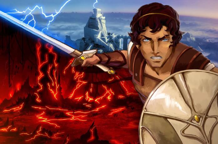 Il protagonista di Blood of Zeus con spada e scudo