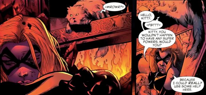 Il primo incontro tra Ms. Marvel e il gatto Ms. Marvel in un palazzo in fiamme incontra il gatto