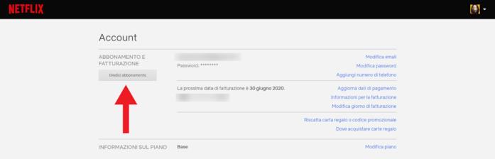 Come disdire l'abbonamento a Netflix da sito web Sezione 'Account' del sito web di Netflix