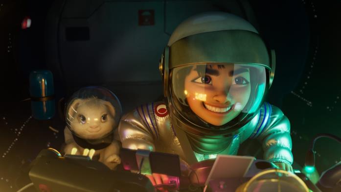 Una scena tratta dal trailer di Over the Moon Un ragazzino sta guidando il razzo appena costruito per raggiungere la Luna