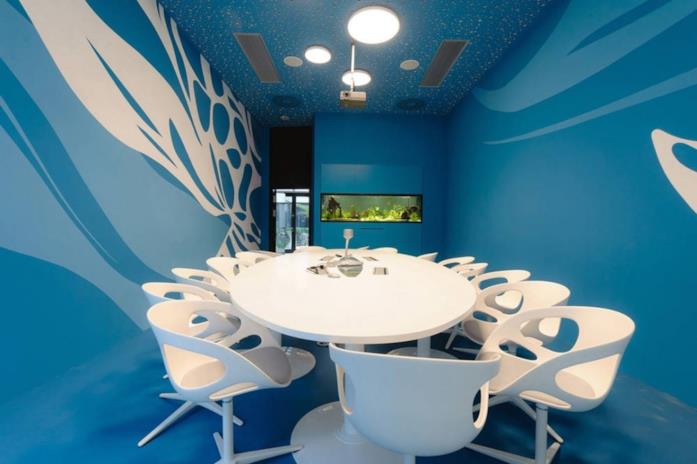 Sala riunione della sede di Microsoft a Vienna Primo piano del tavolo, sedie e pareti della sede di Microsoft a Vienna
