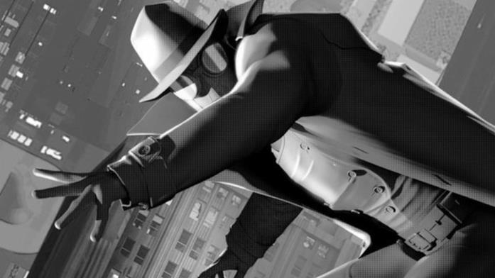 Spider-Noir, protagonista di Spider-Man: Un Nuovo Universo Spider-Noir in una sequenza di Spider-Man: Un Nuovo Universo