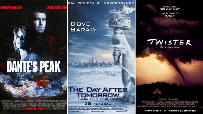 Le locandine dei film Dante's Peak, The Day After Tomorrow e Twister