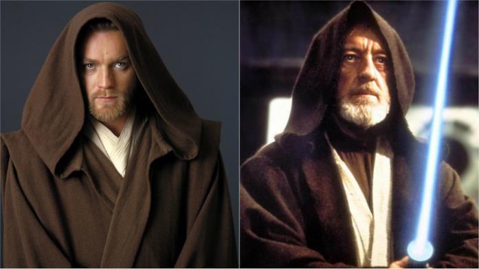 Ewan McGregor e Alec Guinness nel ruolo di Obi-Wan Kenobi
