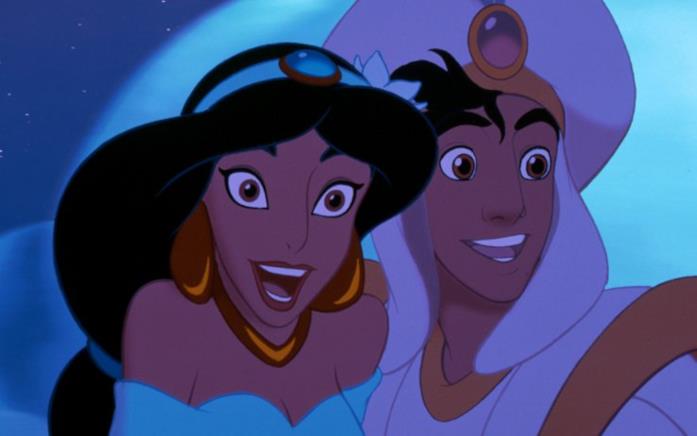Alan Menken e Tim Rice hanno lavorato insieme alla colonna sonora di Aladdin Un mezzo primo piano di Jasmine e Aladdin, i due protagonisti del film d'animazione Aladdin