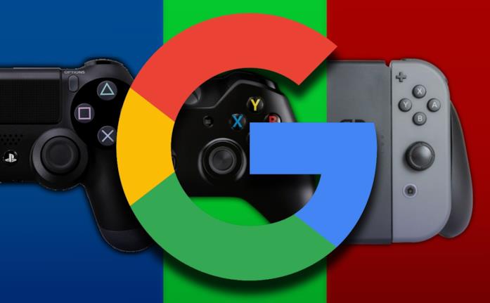 Il logo di Google con i pad per PlayStation 4, Xbox One e Nintendo Switch