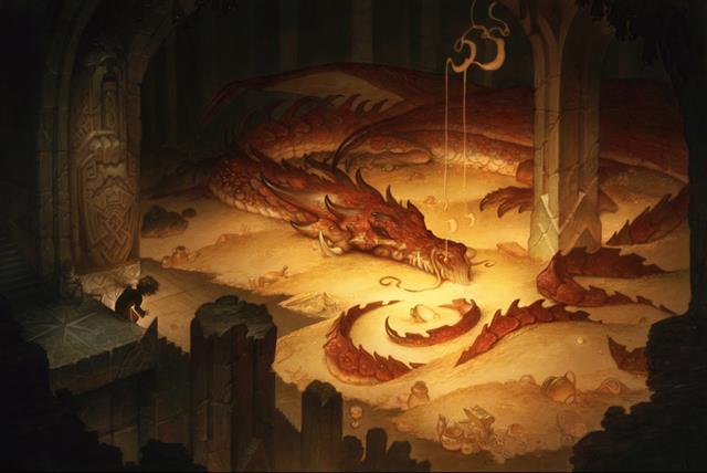 Il drago Smaug che dorme La tana del drago Smaug con il tesoro