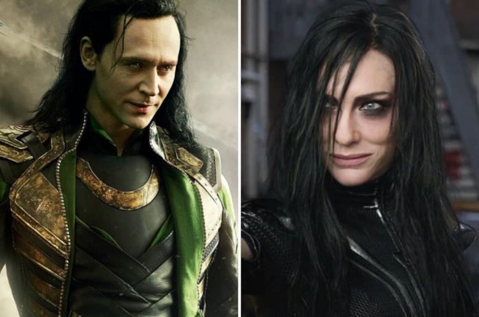 A sinistra Loki e a destra Hela, entrambi con i capelli lunghi e senza casco
