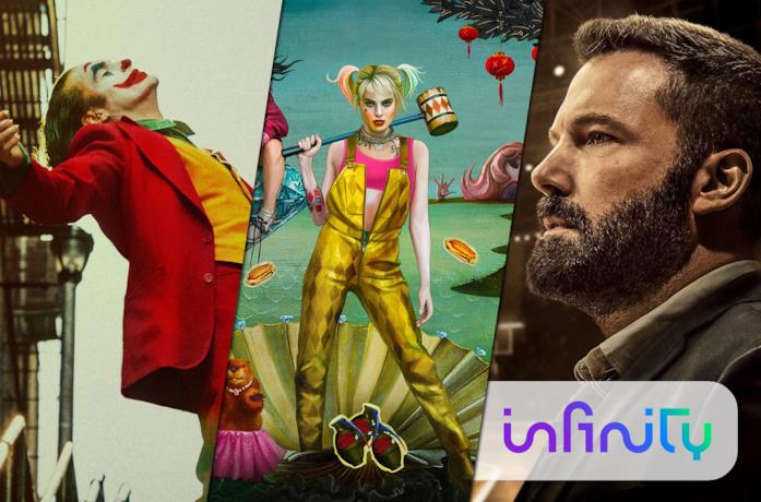 Da sinistrai i poster di Joker, Birds Of Prey e Tornare a vincere
