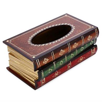 Scatola di tessuto rettangolo, forma di libro fatto a mano in legno Organizzatore di fazzoletti di carta igienica, distributore di tessuto decorativo classico dell'annata grande per soggiorno desktop