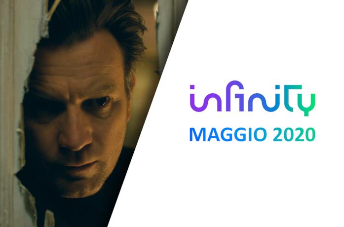 Ewan McGregor in una scena di Doctor Sleep (sinistra) e il logo di Infinity (destra)