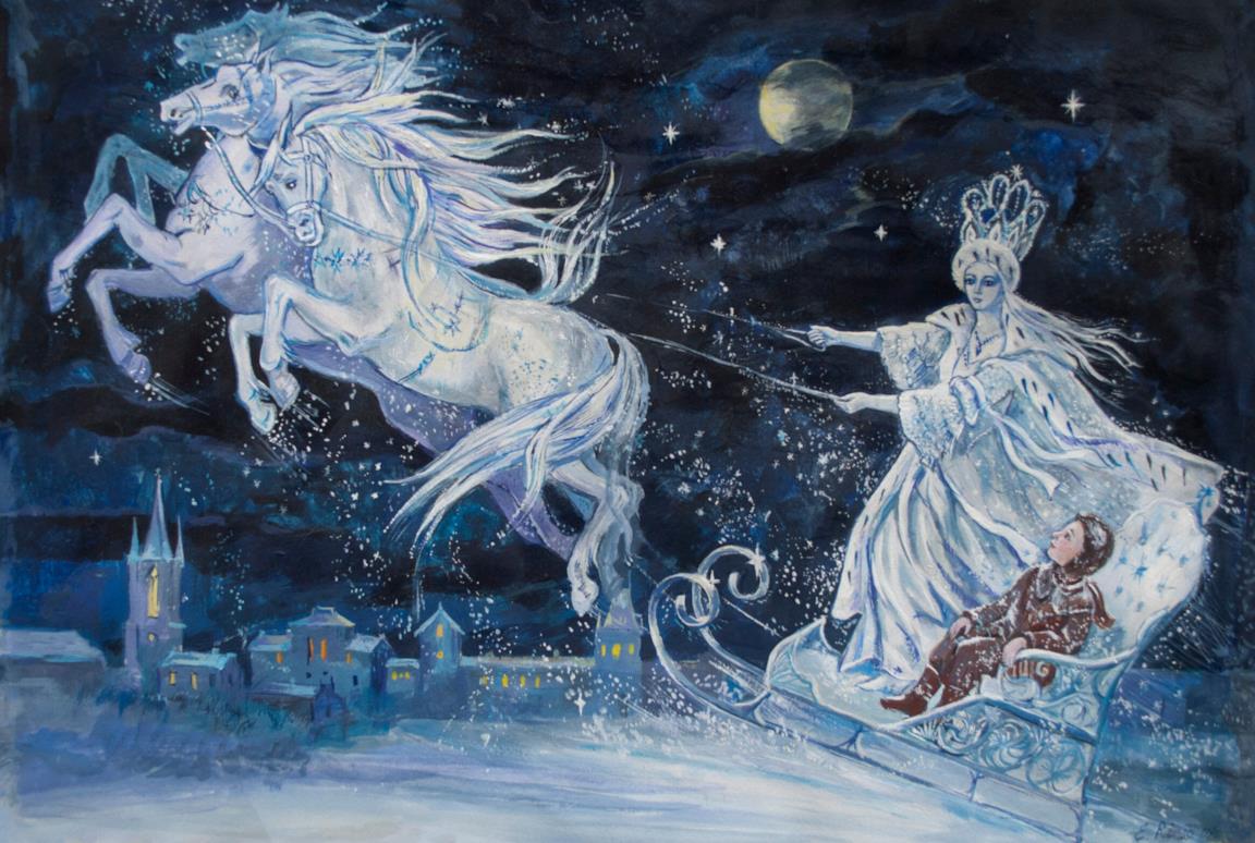 La Regina delle Nevi sulla slitta volante