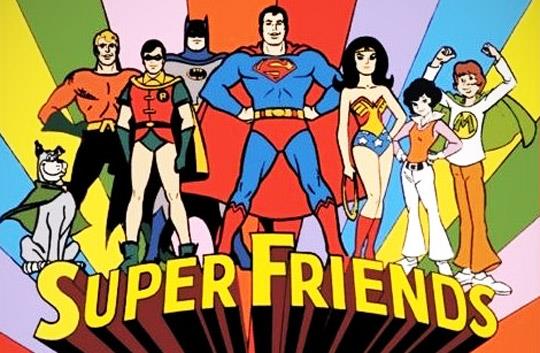 I Super Amici al completo, nella serie animata degli anni '70 Scena della sigla del cartoon Super Friends