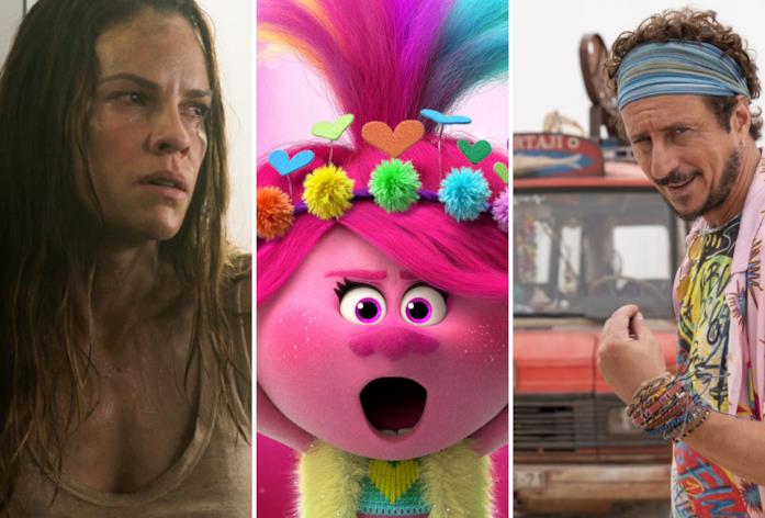 Da sinistra un frame del film The Hunt, Trolls World Tour e Un figlio di nome Erasmus