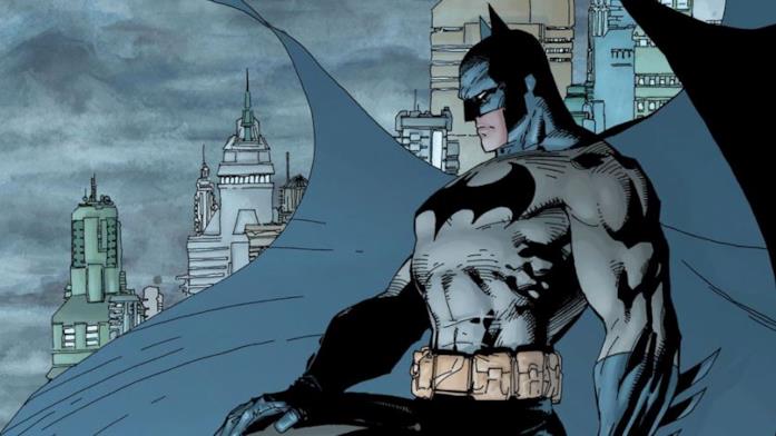 Batman controlla la sua città, Gotham City Mezzobusto di Batman su sfondo di Gotham City