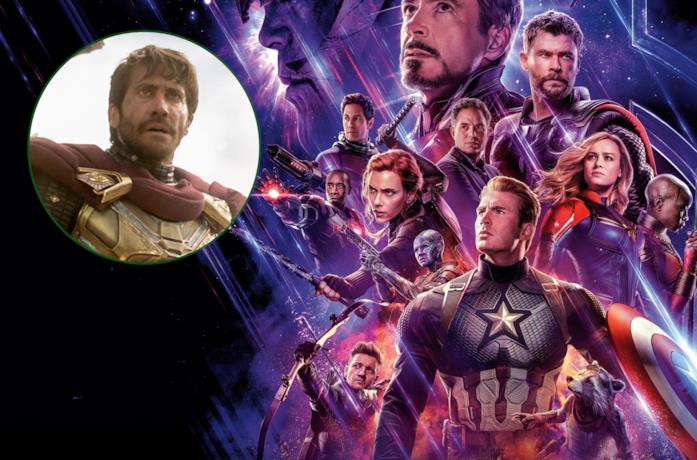 A sinistra Mysterio, a destra gli Avengers nel poster di Avengers: Endgame