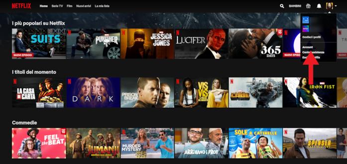 Accedere ai dati del proprio account Netflix dalla Home del servizio La Home di Netflix e il menu a tendina in alto a destra