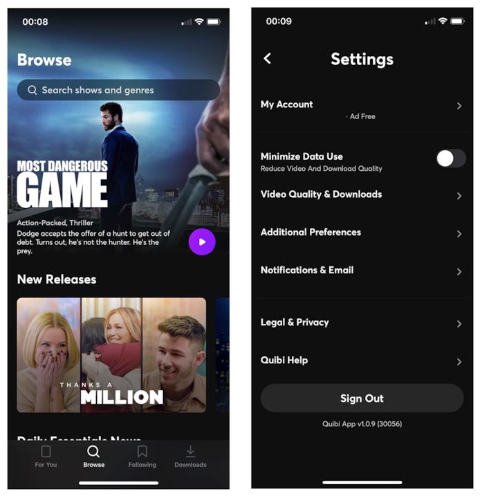 L'app di Quibi è già disponibile su App Store e Play Store Le sezioni Browse e Settings di Quibi
