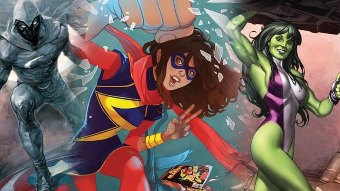 I tre protagonisti di altrettante serie TV Marvel in arrivo su Disney+ Moon Knight, Ms. Marvel e She-Hulk nei fumetti Marvel