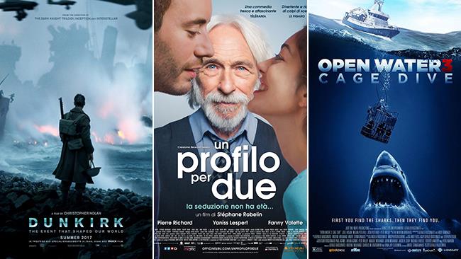 I poster di Dunkirk, Un Profilo per Due e Open Water 3 - Cage Dive