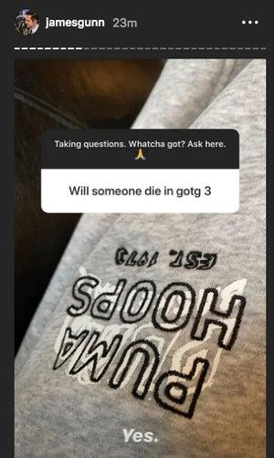 Qualcuno morirà in Guardiani della Galassia Vol. 3 La risposta affermativa di James Gunn (Yes) alla domanda di un utente Instagram (Qualcuno morirà in GOTG 3?))