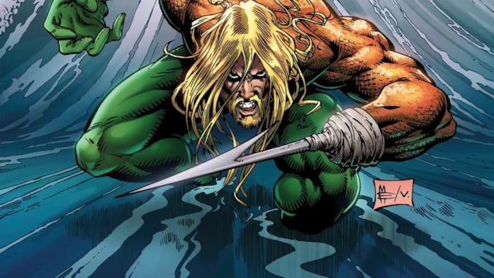 Disegno di Aquaman in atteggiamento aggressivo, con mano uncinata in primo piano