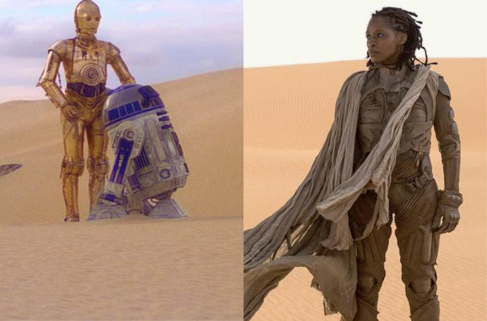 A sinistra i droidi di Star Wars e a destra un personaggio del nuovo Dune