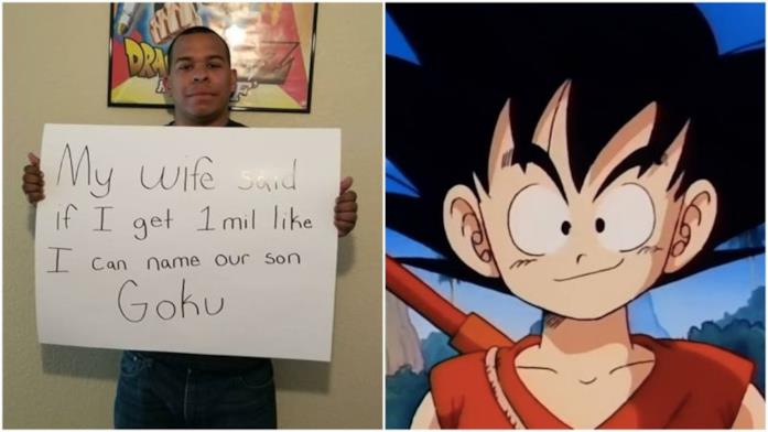 Il fan di Dragon Ball con il suo cartello e Goku