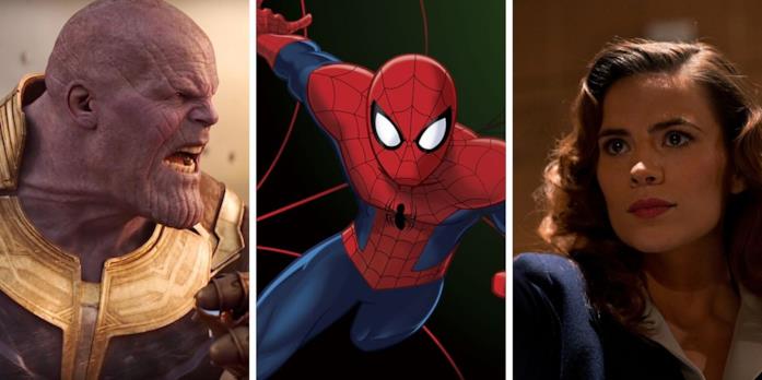 Da sinistra: Thanos, Spider-Man in versione animata e Agent Carter