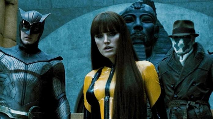 Una scena di Watchmen Patrick Wilson, Malin Åkerman e Jackie Earle Haley