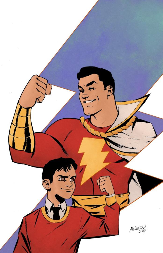 Billy Batson diventa Shazam soltanto pronunciando una parola magica Immagine disegnata di Billy Batson con Shazam alle spalle, dentro a un fulmine stilizzato
