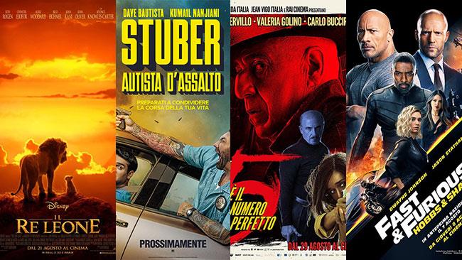 I poster di Il Re Leone, Stuber - Autista d'assalto, 5 è il numero perfetto, Hobbs & Shaw