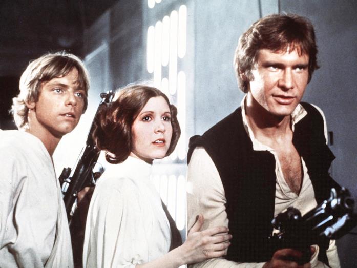 I tre protagonisti di Guerre Stellari (1977), Mark Hamill, Carrie Fisher e Harrison Ford. Luke Skywalker, Leia Organa e Han Solo protagonisti del primo Star Wars datato 1977