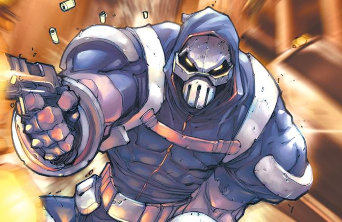 L'ultima versione del costume di Taskmaster, più simile a un'armatura Dettaglio della cover di Taskmaster #4