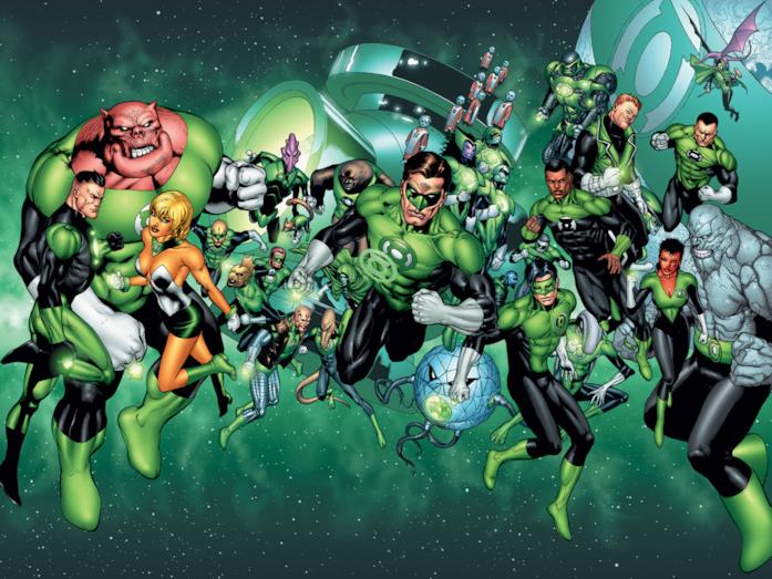 Il Corpo delle Lanterne Verdi, creato da DC Comics Illustrazione di Hal Jordan (al centro) e il Corpo delle Lanterne Verdi
